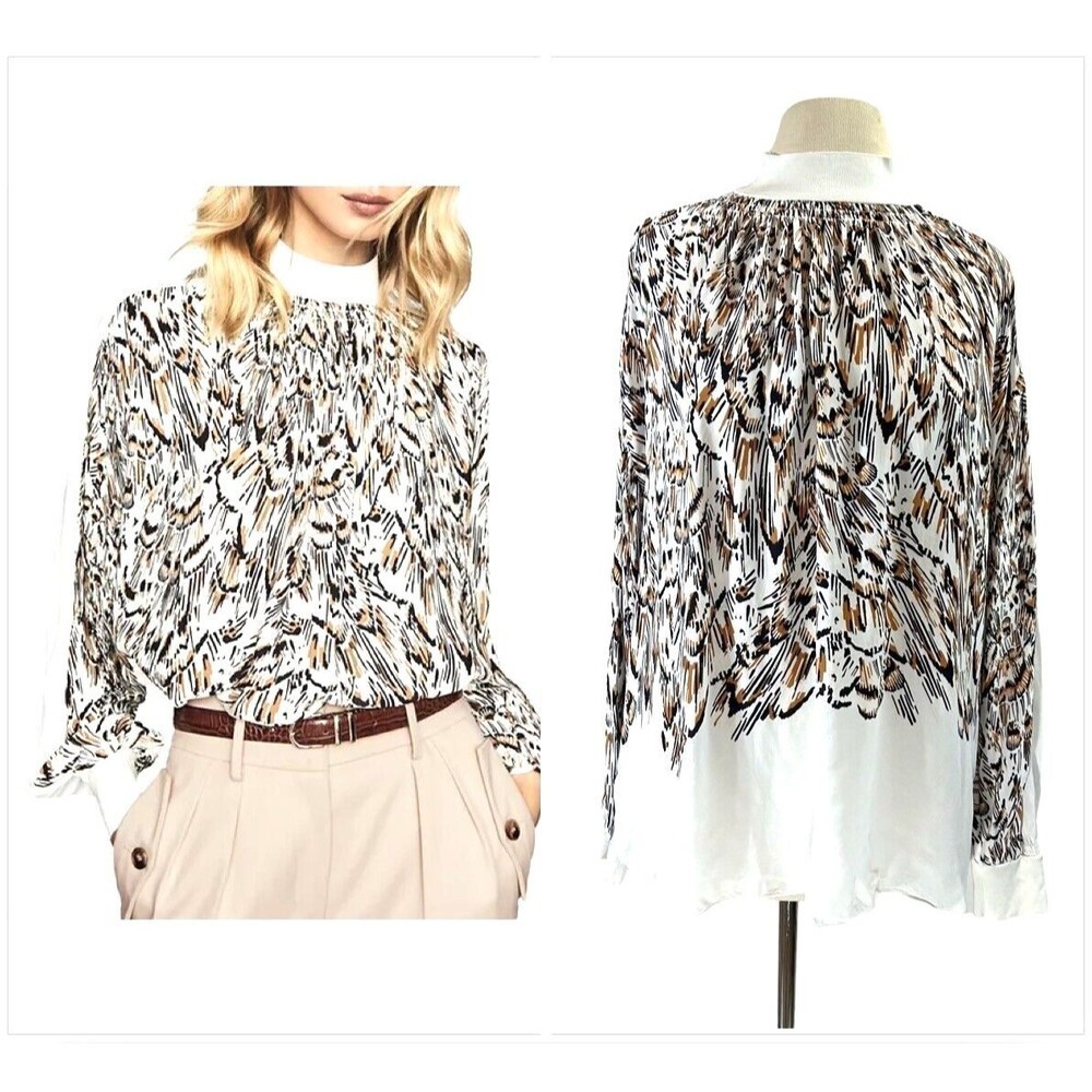 Reiss Blouse Womens Size 10 Ivory Magda Feather Print Mock  Neck Poet Sleeve